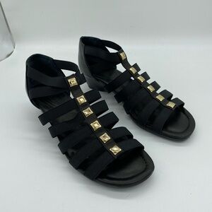 Amalfi Black Gold Wedge Strappy Gladiator Slip On Sandal Womens Size 8.5